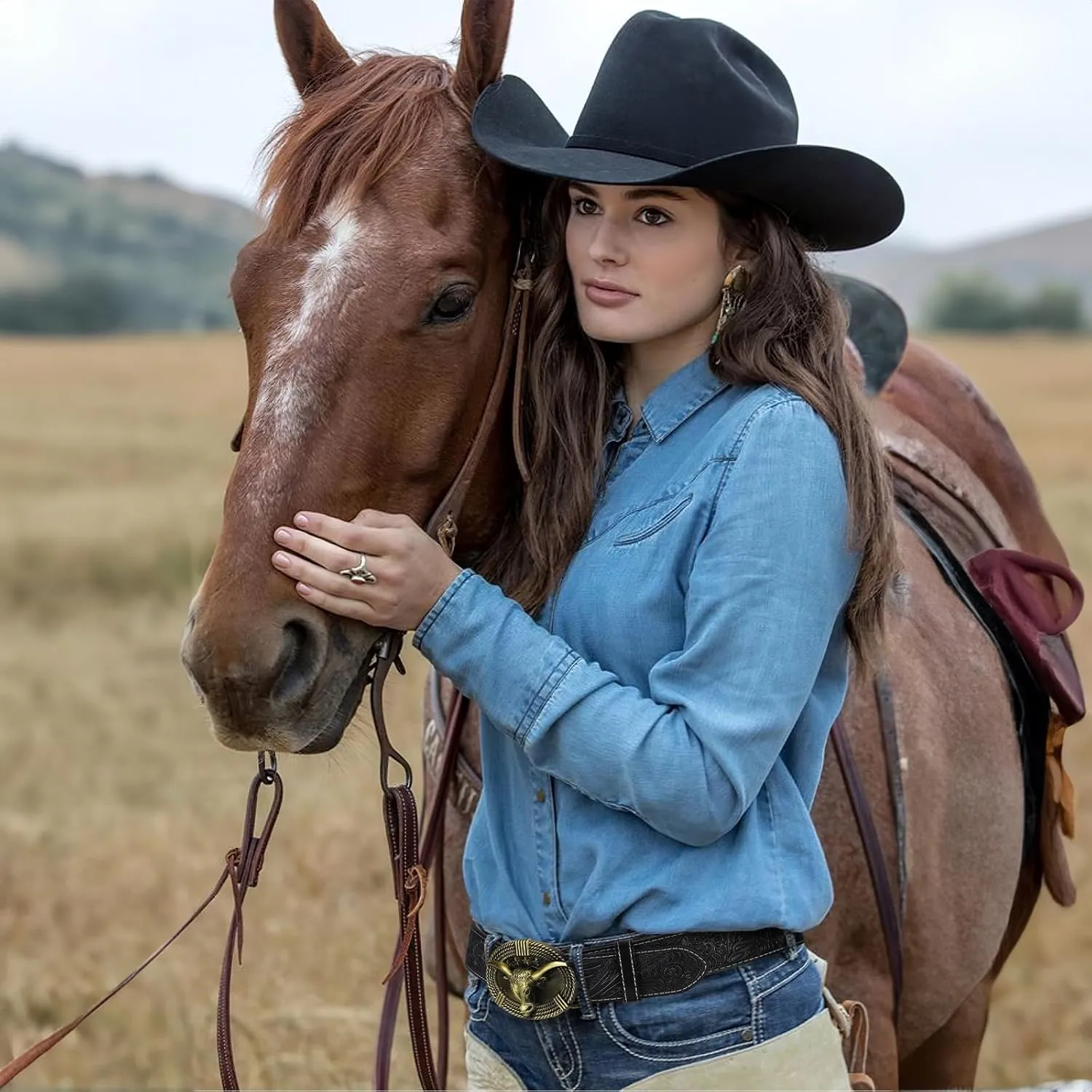 Western Belts for Woman Men, Cowboy Cowgirl Belt Embossed Western Country Bull Buckle Leather Belts for Jeans