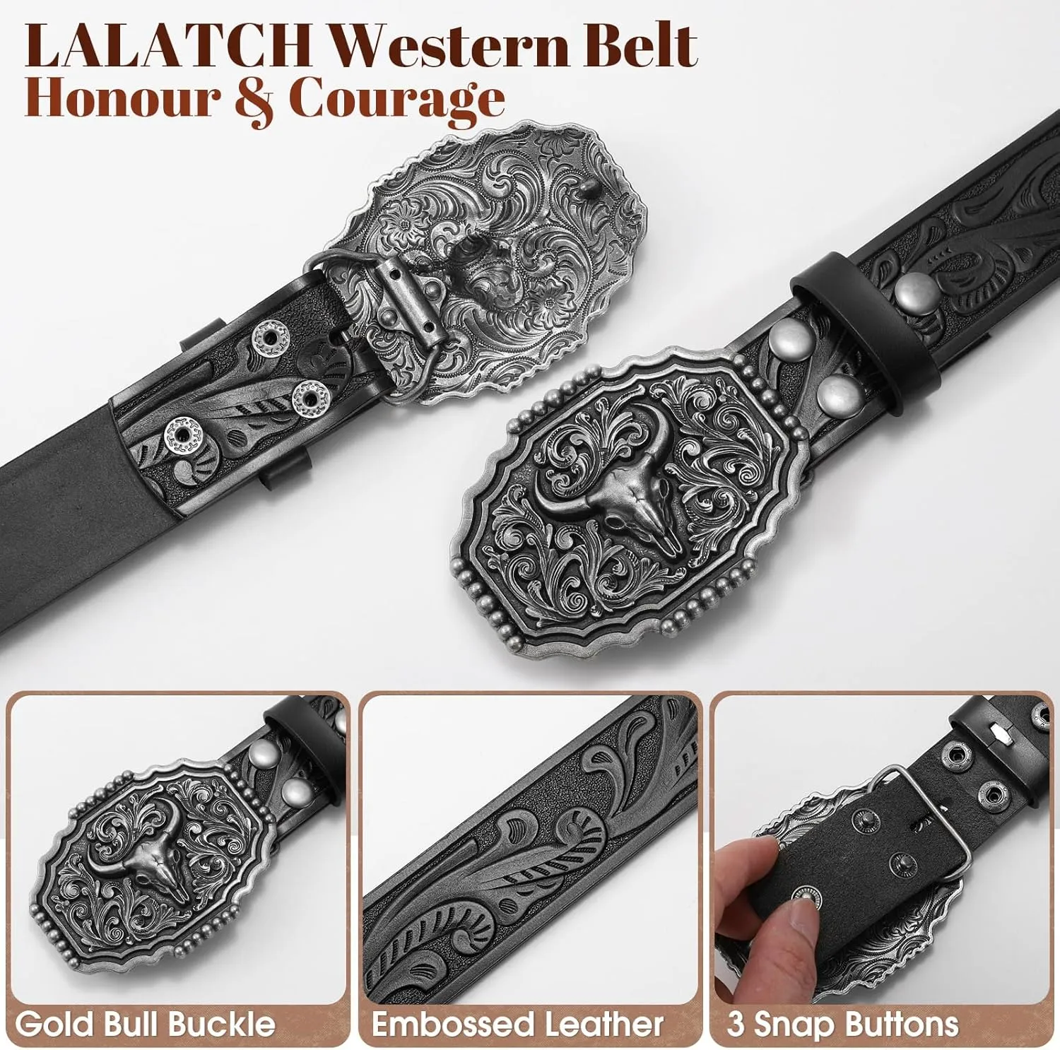 Western Belts for Woman Men, Cowboy Cowgirl Belt Embossed Western Country Bull Buckle Leather Belts for Jeans