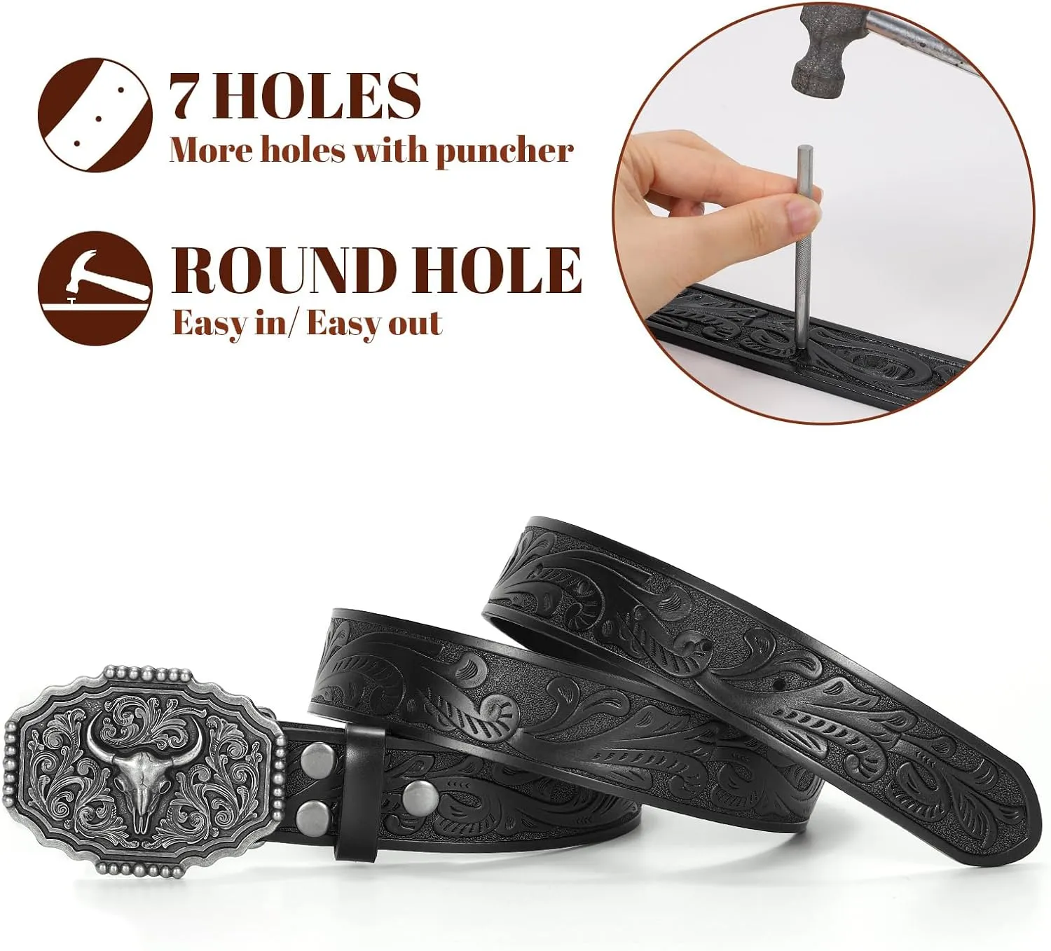 Western Belts for Woman Men, Cowboy Cowgirl Belt Embossed Western Country Bull Buckle Leather Belts for Jeans