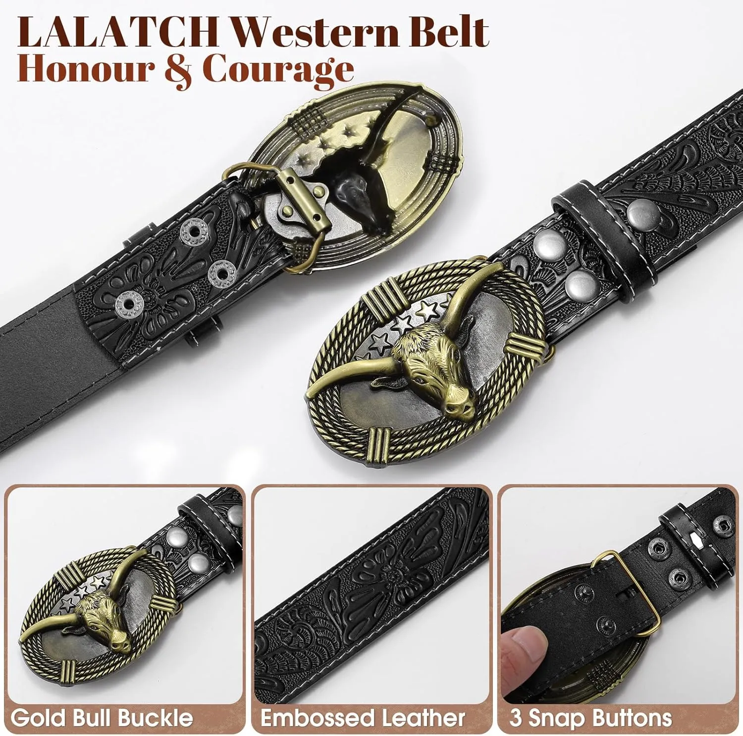 Western Belts for Woman Men, Cowboy Cowgirl Belt Embossed Western Country Bull Buckle Leather Belts for Jeans