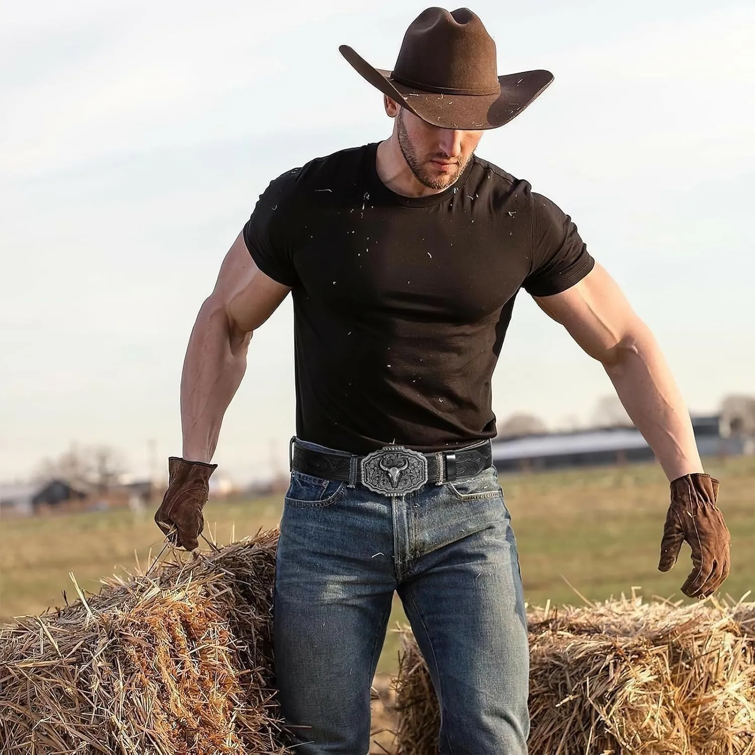 Western Belts for Woman Men, Cowboy Cowgirl Belt Embossed Western Country Bull Buckle Leather Belts for Jeans