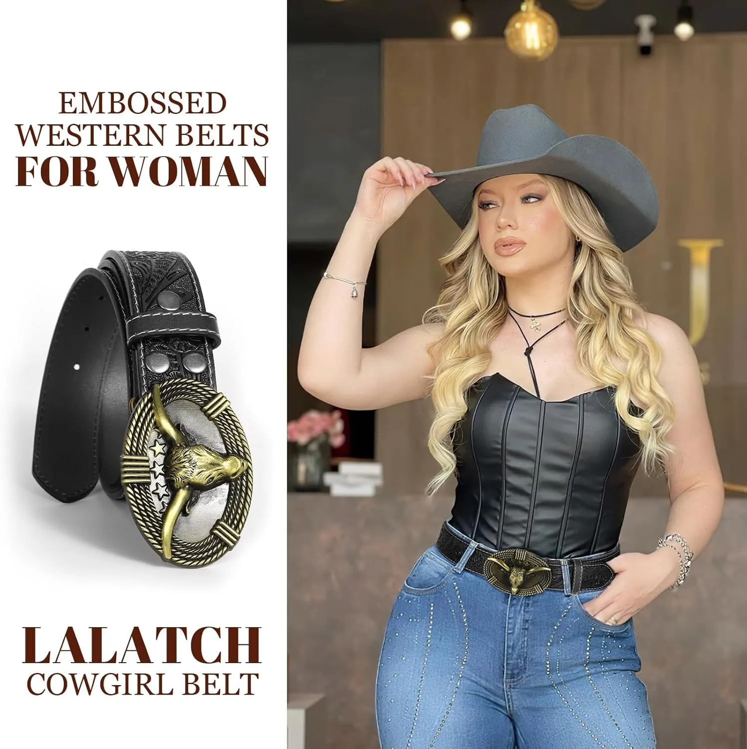 Western Belts for Woman Men, Cowboy Cowgirl Belt Embossed Western Country Bull Buckle Leather Belts for Jeans