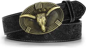 Western Belts for Woman Men, Cowboy Cowgirl Belt Embossed Western Country Bull Buckle Leather Belts for Jeans