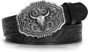 Western Belts for Woman Men, Cowboy Cowgirl Belt Embossed Western Country Bull Buckle Leather Belts for Jeans