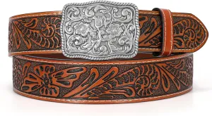Western Belts for Women Men Cowgirl Cowboy Embossed Engraved Tooled Leather Belt with Buckle for Jeans Pants Rodeo