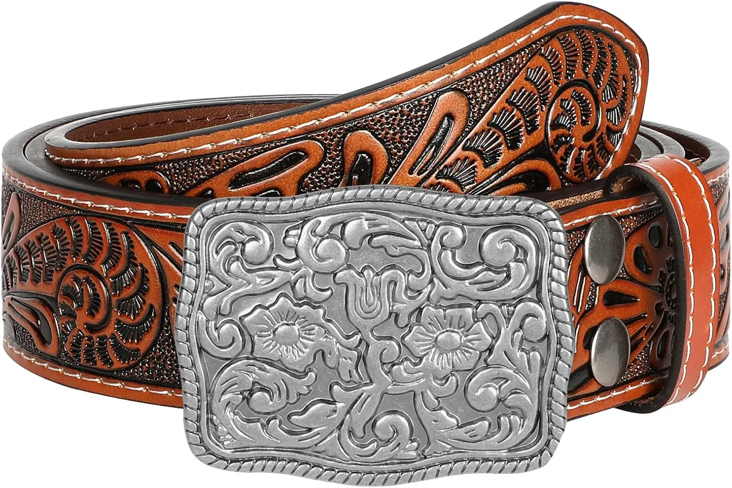 Western Belts for Women Men Cowgirl Cowboy Embossed Engraved Tooled Leather Belt with Buckle for Jeans Pants Rodeo