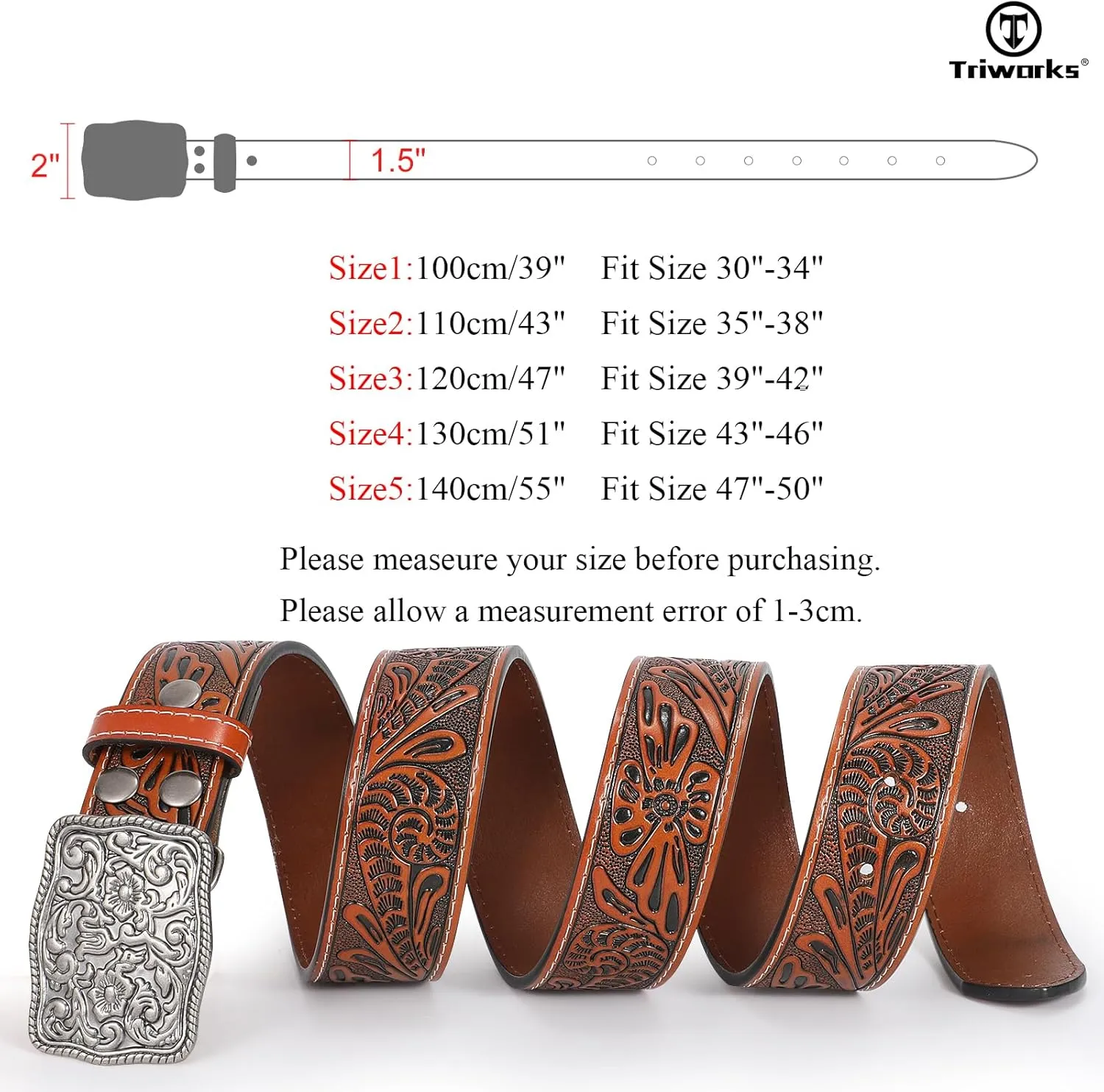Western Belts for Women Men Cowgirl Cowboy Embossed Engraved Tooled Leather Belt with Buckle for Jeans Pants Rodeo