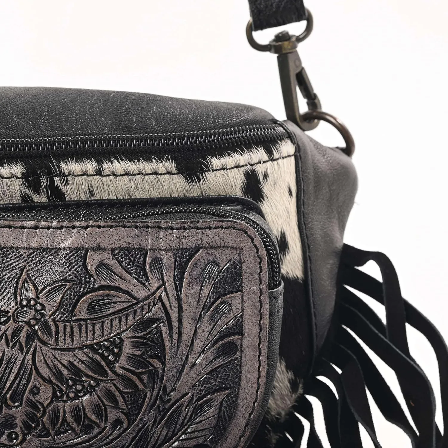 Western Fashion Waist Pouch for Women - Black Genuine Cowhide Tooled Leather Highland Cow Fenny Bag with Suede Fringes Cowgirl Fenny Bag