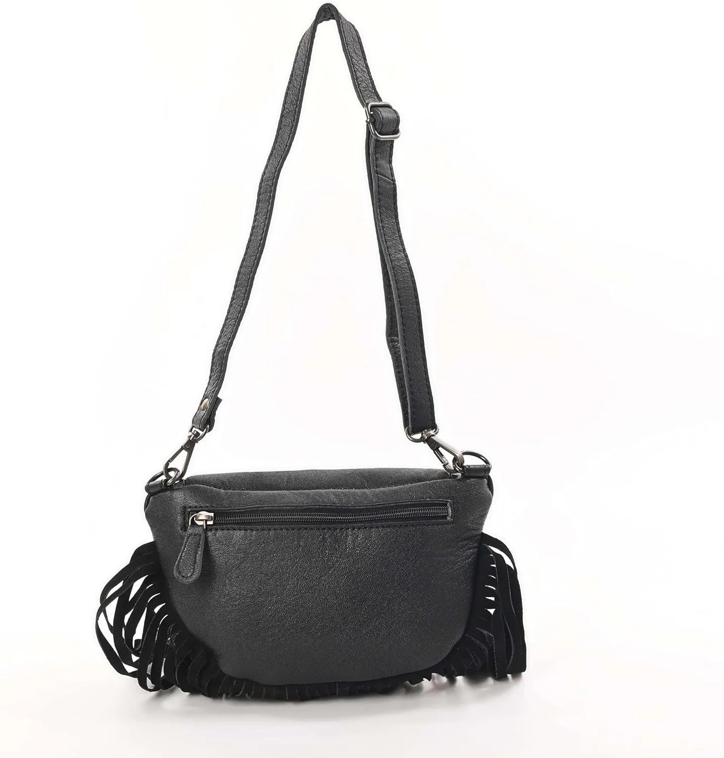 Western Fashion Waist Pouch for Women - Black Genuine Cowhide Tooled Leather Highland Cow Fenny Bag with Suede Fringes Cowgirl Fenny Bag