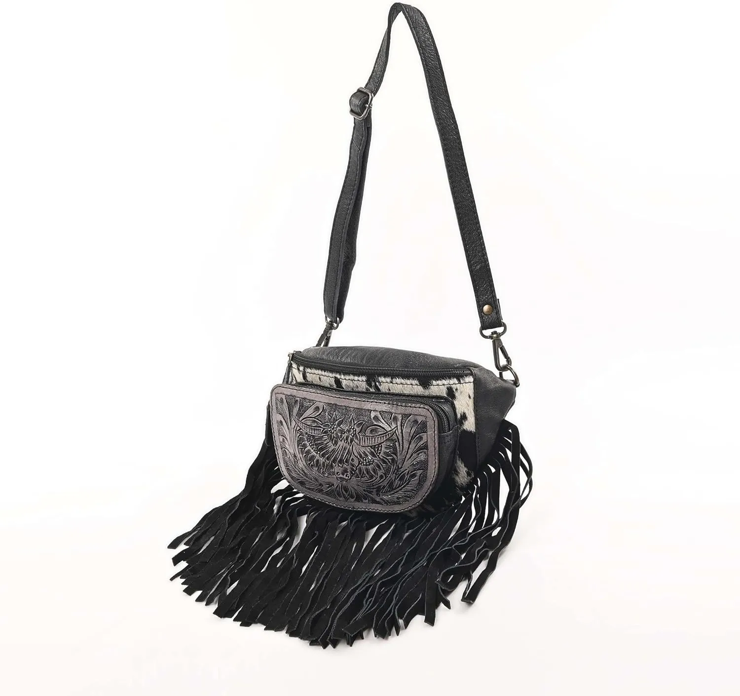 Western Fashion Waist Pouch for Women - Black Genuine Cowhide Tooled Leather Highland Cow Fenny Bag with Suede Fringes Cowgirl Fenny Bag