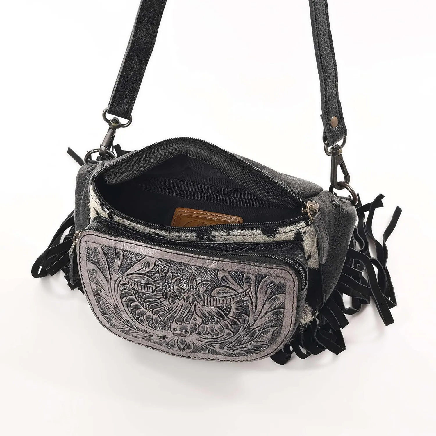 Western Fashion Waist Pouch for Women - Black Genuine Cowhide Tooled Leather Highland Cow Fenny Bag with Suede Fringes Cowgirl Fenny Bag