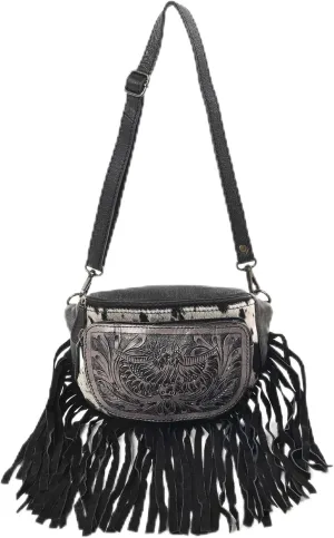Western Fashion Waist Pouch for Women - Black Genuine Cowhide Tooled Leather Highland Cow Fenny Bag with Suede Fringes Cowgirl Fenny Bag