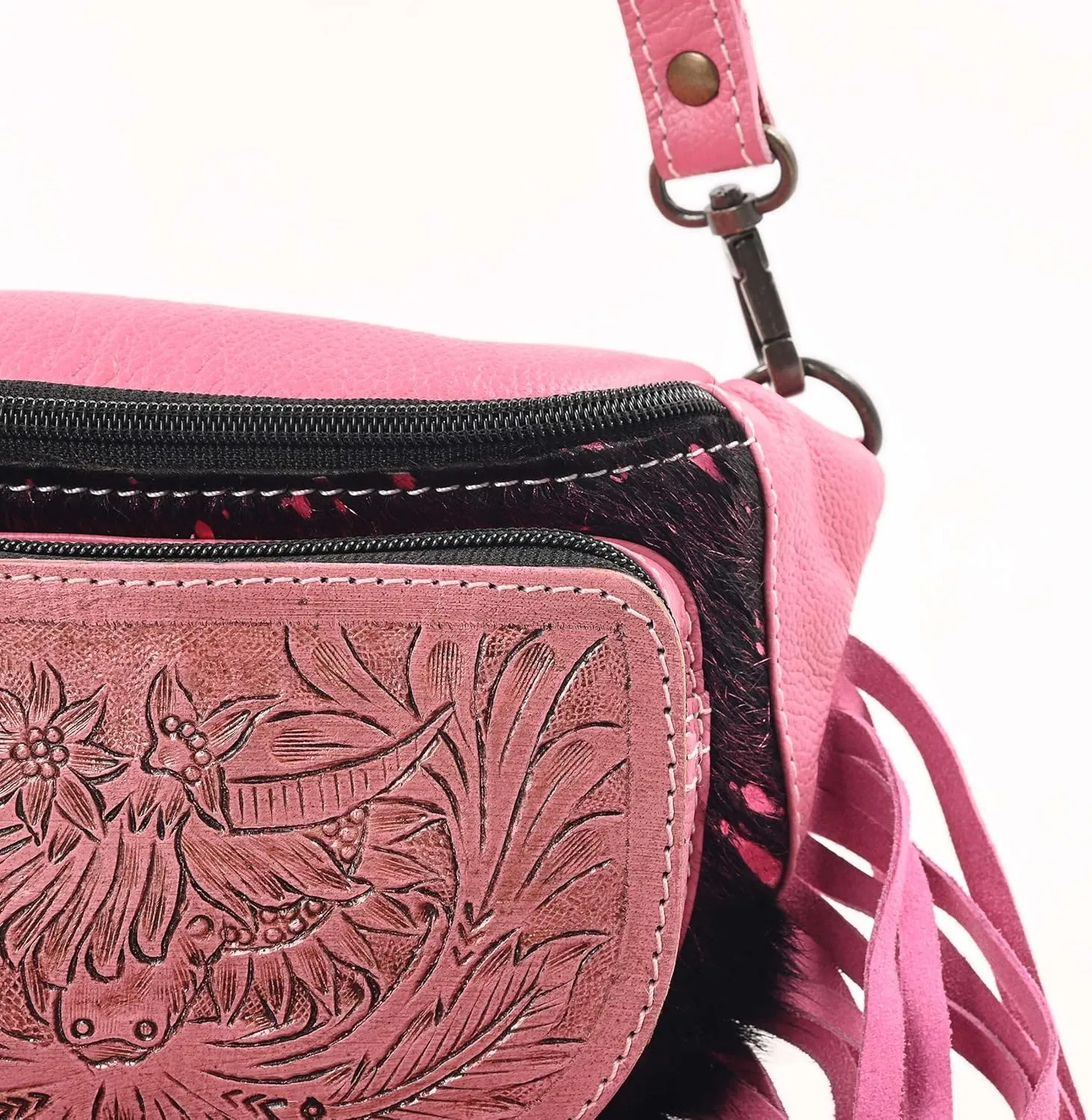 Western Fashion Waist Pouch for Women - Pink Genuine Cowhide Tooled Leather Highland Cow Fenny Bag with Suede Fringes Cowgirl Fenny Bag