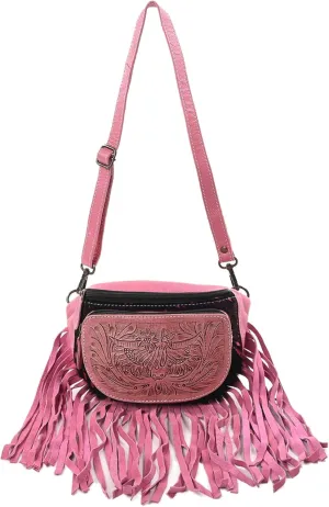 Western Fashion Waist Pouch for Women - Pink Genuine Cowhide Tooled Leather Highland Cow Fenny Bag with Suede Fringes Cowgirl Fenny Bag