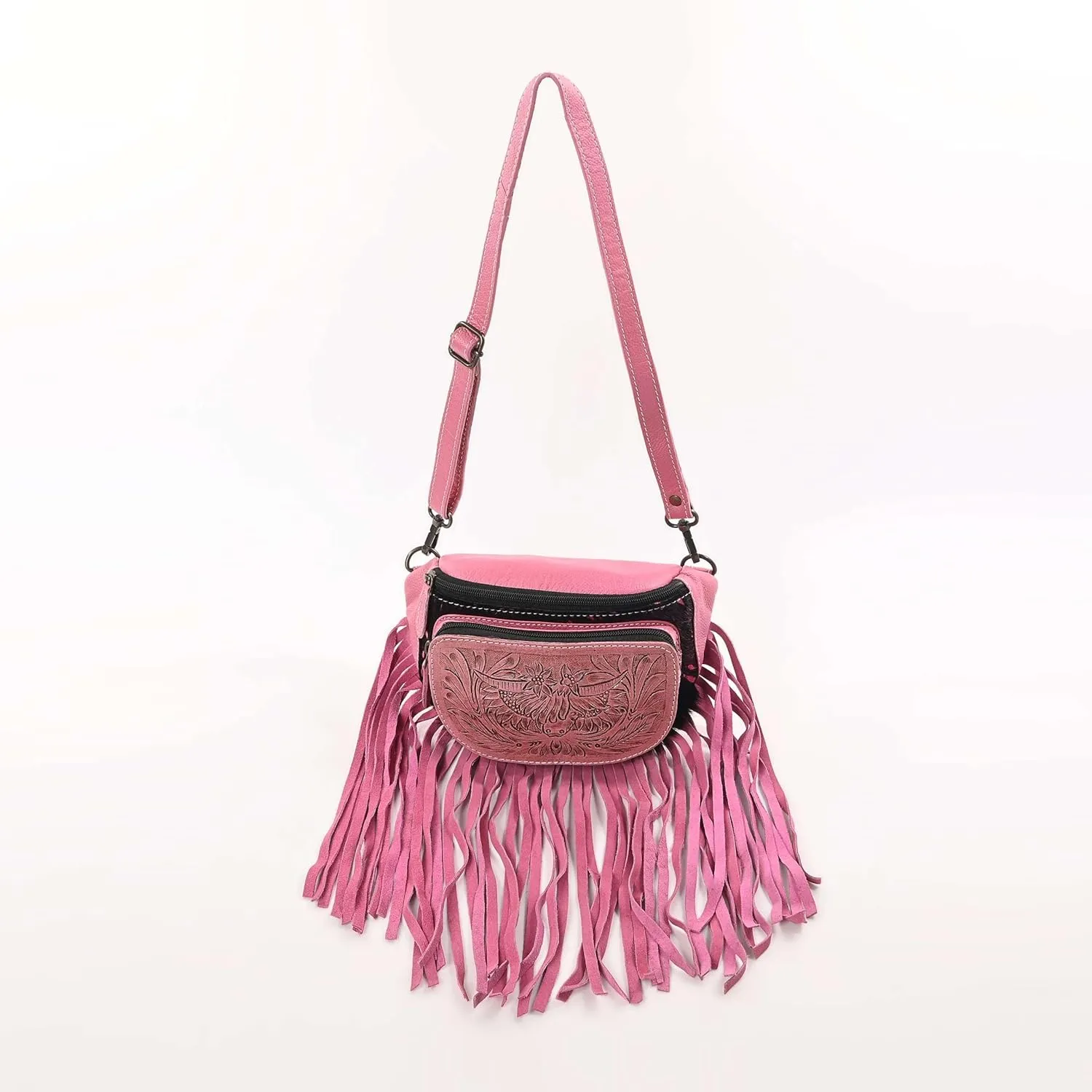 Western Fashion Waist Pouch for Women - Pink Genuine Cowhide Tooled Leather Highland Cow Fenny Bag with Suede Fringes Cowgirl Fenny Bag