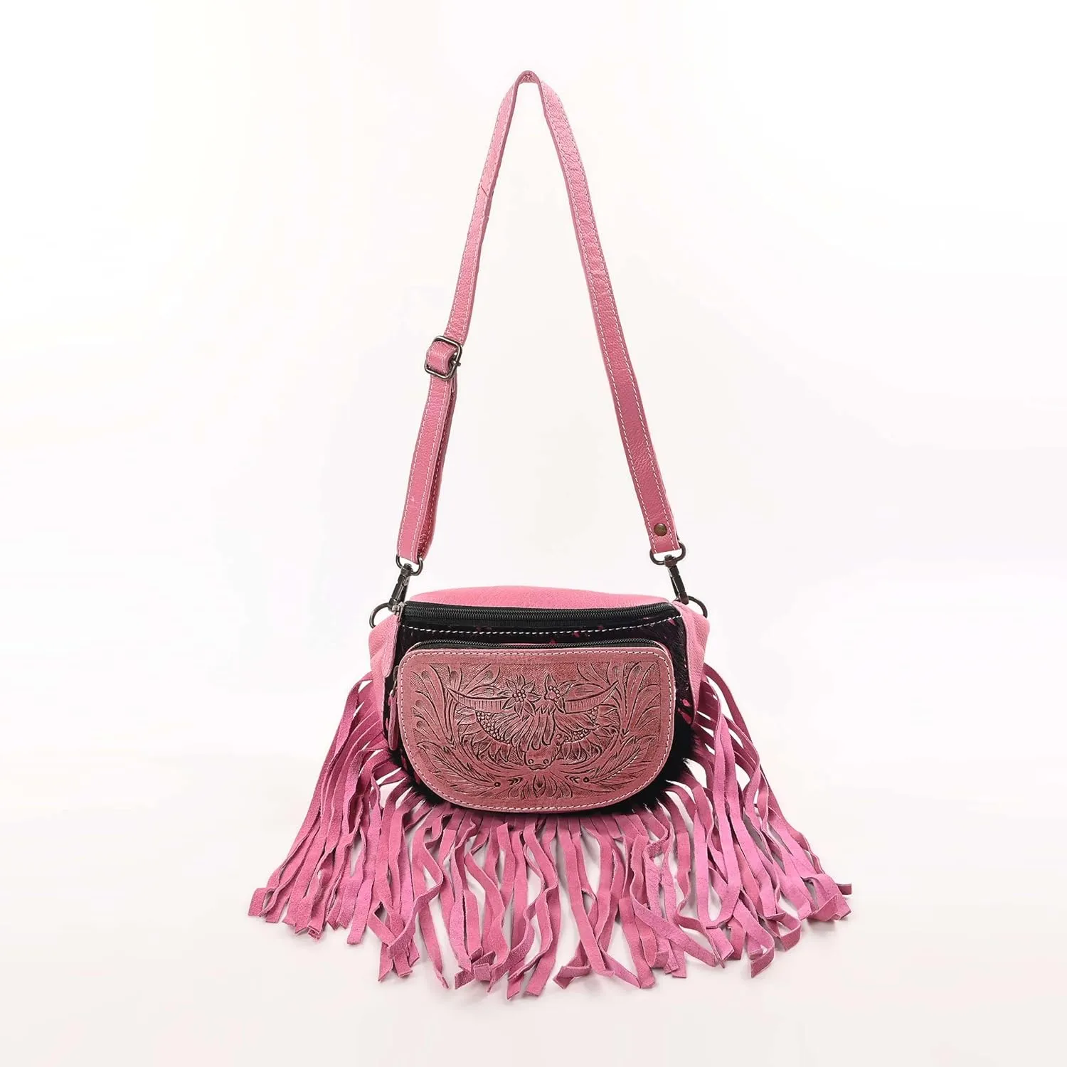 Western Fashion Waist Pouch for Women - Pink Genuine Cowhide Tooled Leather Highland Cow Fenny Bag with Suede Fringes Cowgirl Fenny Bag