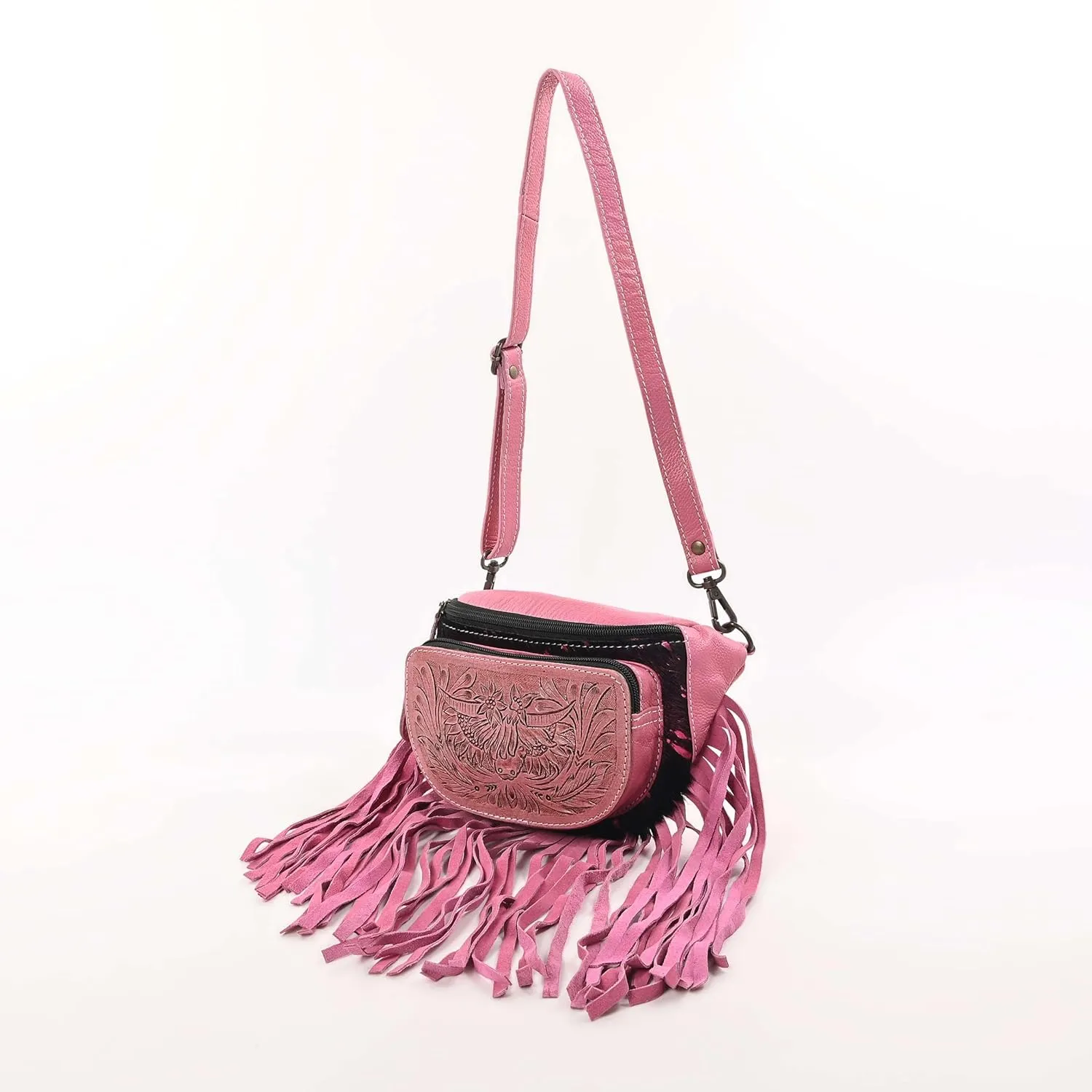 Western Fashion Waist Pouch for Women - Pink Genuine Cowhide Tooled Leather Highland Cow Fenny Bag with Suede Fringes Cowgirl Fenny Bag
