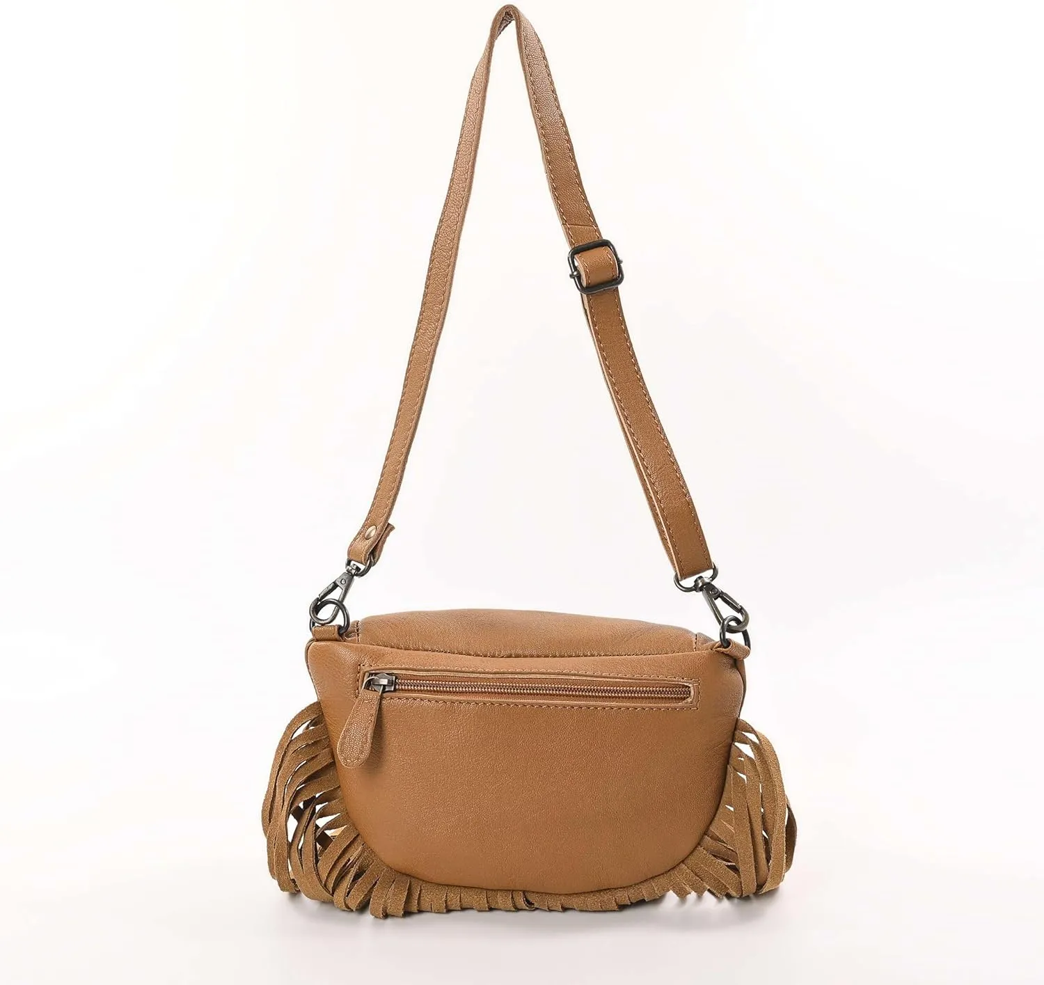Western Fashion Waist Pouch for Women - Tan Genuine Cowhide Tooled Leather Highland Cow Fenny Bag with Suede Fringes Cowgirl Fenny Bag