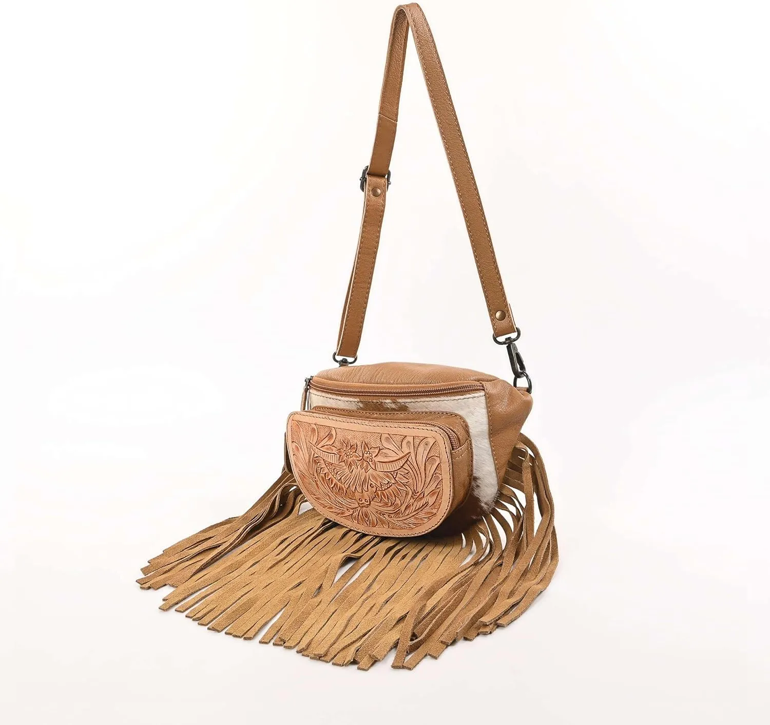 Western Fashion Waist Pouch for Women - Tan Genuine Cowhide Tooled Leather Highland Cow Fenny Bag with Suede Fringes Cowgirl Fenny Bag