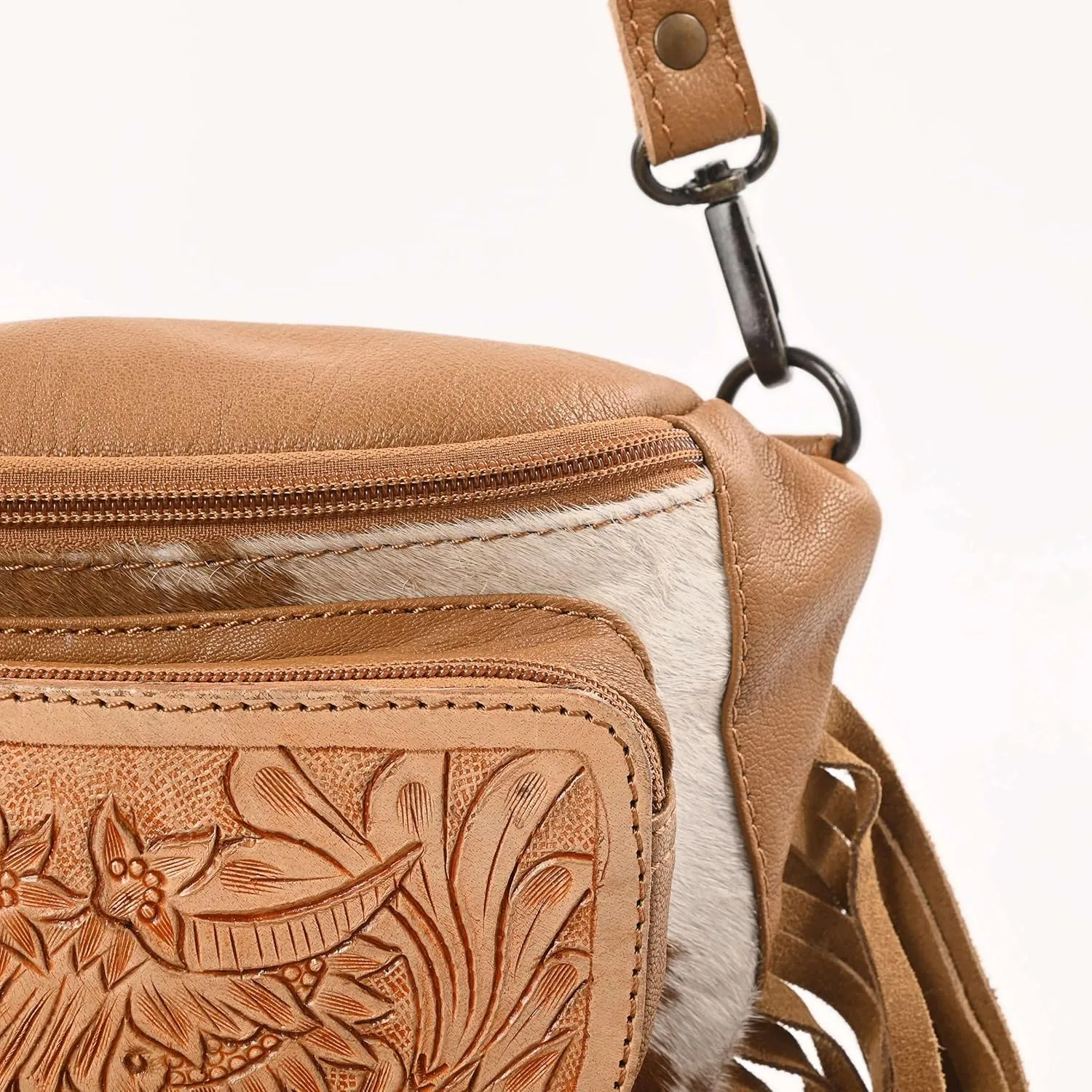 Western Fashion Waist Pouch for Women - Tan Genuine Cowhide Tooled Leather Highland Cow Fenny Bag with Suede Fringes Cowgirl Fenny Bag