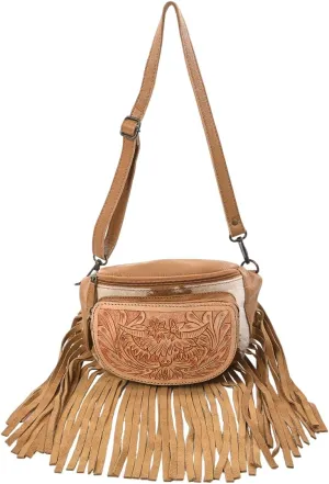 Western Fashion Waist Pouch for Women - Tan Genuine Cowhide Tooled Leather Highland Cow Fenny Bag with Suede Fringes Cowgirl Fenny Bag