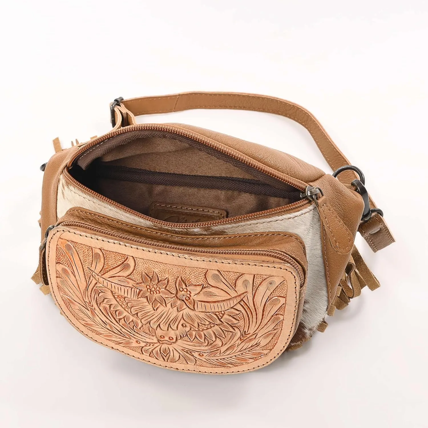 Western Fashion Waist Pouch for Women - Tan Genuine Cowhide Tooled Leather Highland Cow Fenny Bag with Suede Fringes Cowgirl Fenny Bag