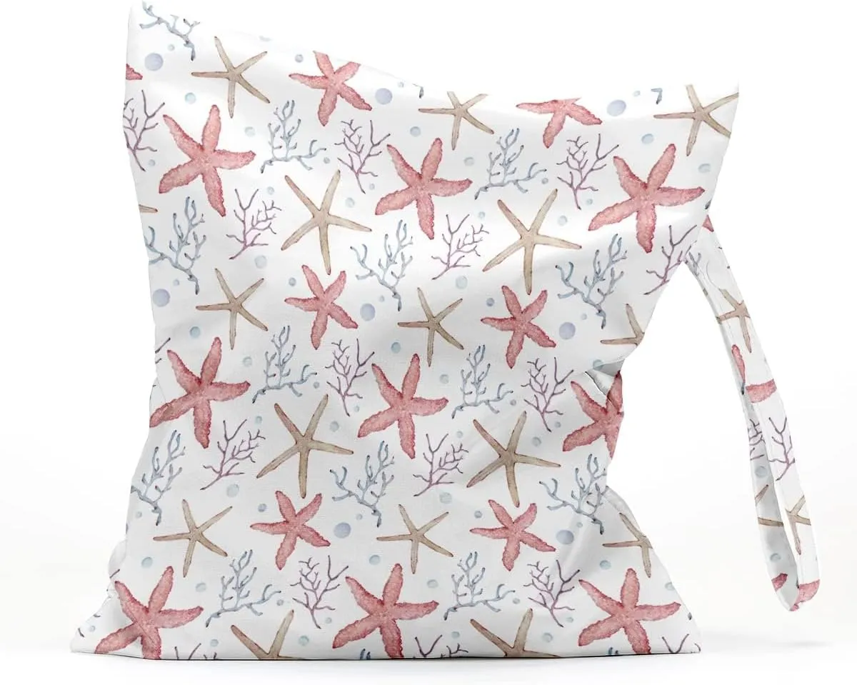 Wet Bag Waterproof Reusable Wet Dry Bag for Beach, Travel, Pool, Gym Bag for Swimsuits, Wet Clothes, Cloth Diapers, Washable Wet Bags for Baby, Coastal Ocean Starfish Coral Reef Decor Starfish Decor