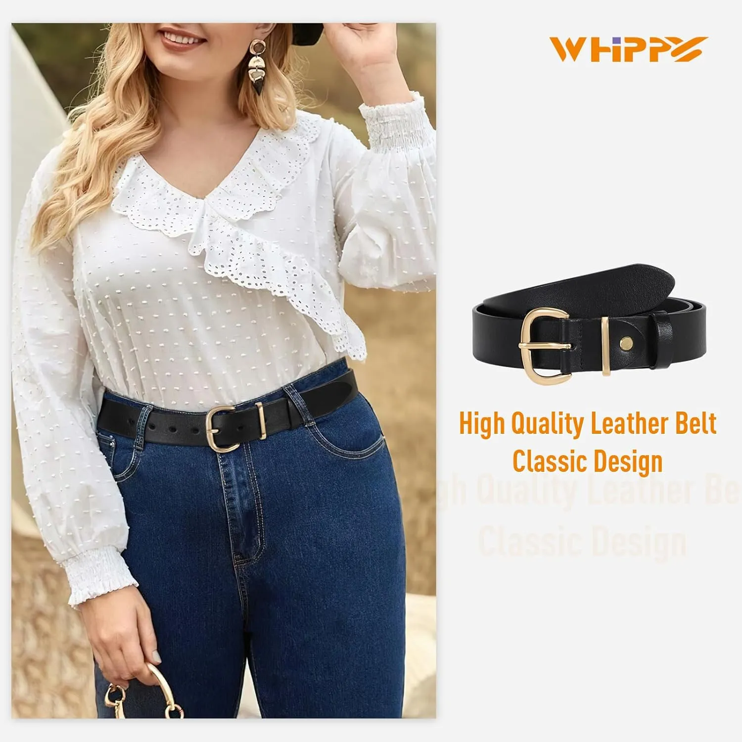 WHIPPY Women Leather Belt for Jeans Pants Dresses Black Ladies Waist Belt with Pin Buckle