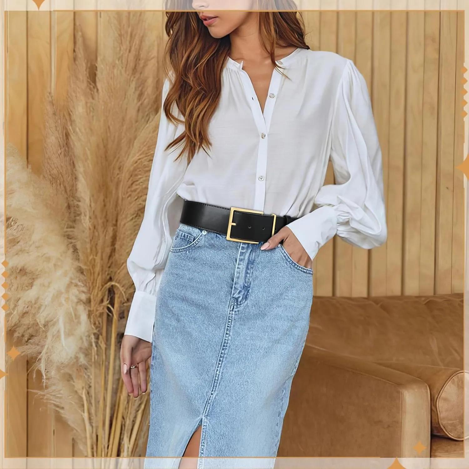 WHIPPY Women Wide Leather Waist Belts for Dresses Pants Fashion Leather Waistband for Women with Gold Buckle