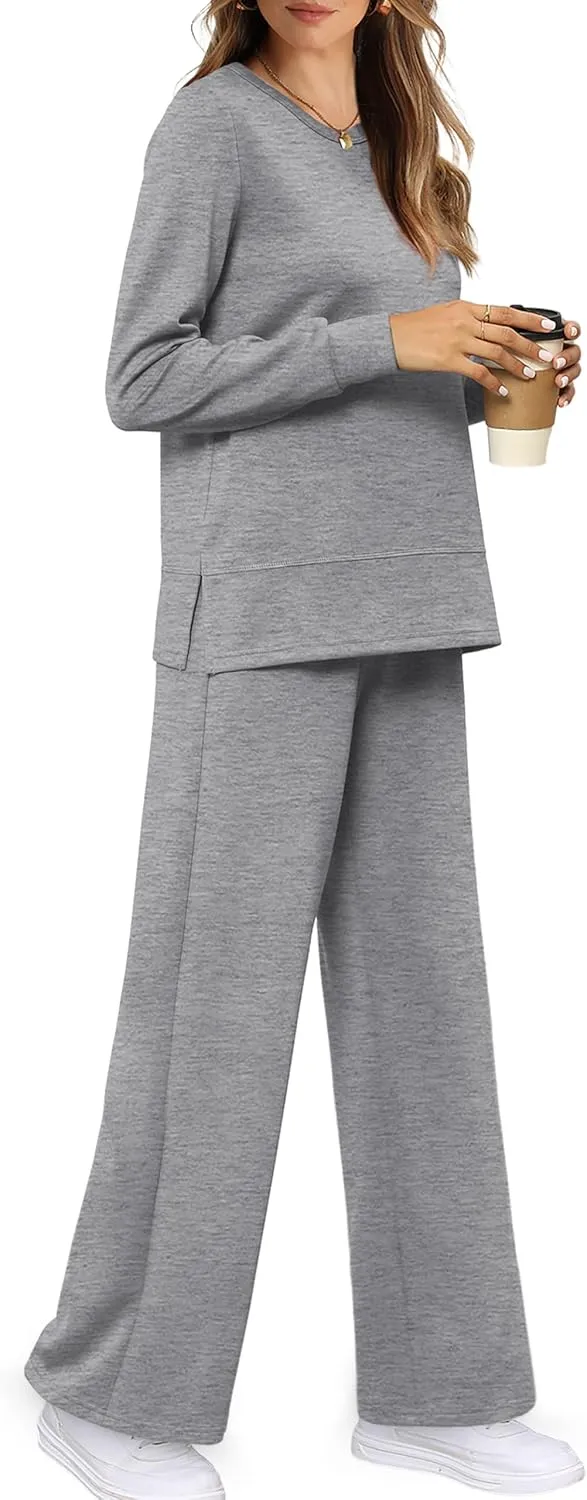 WIHOLL Women's 2 Piece Lounge Sets Sweatshirt Casual Travel Outfits Fashion Wide Leg Tracksuit Cozy Sweatsuits