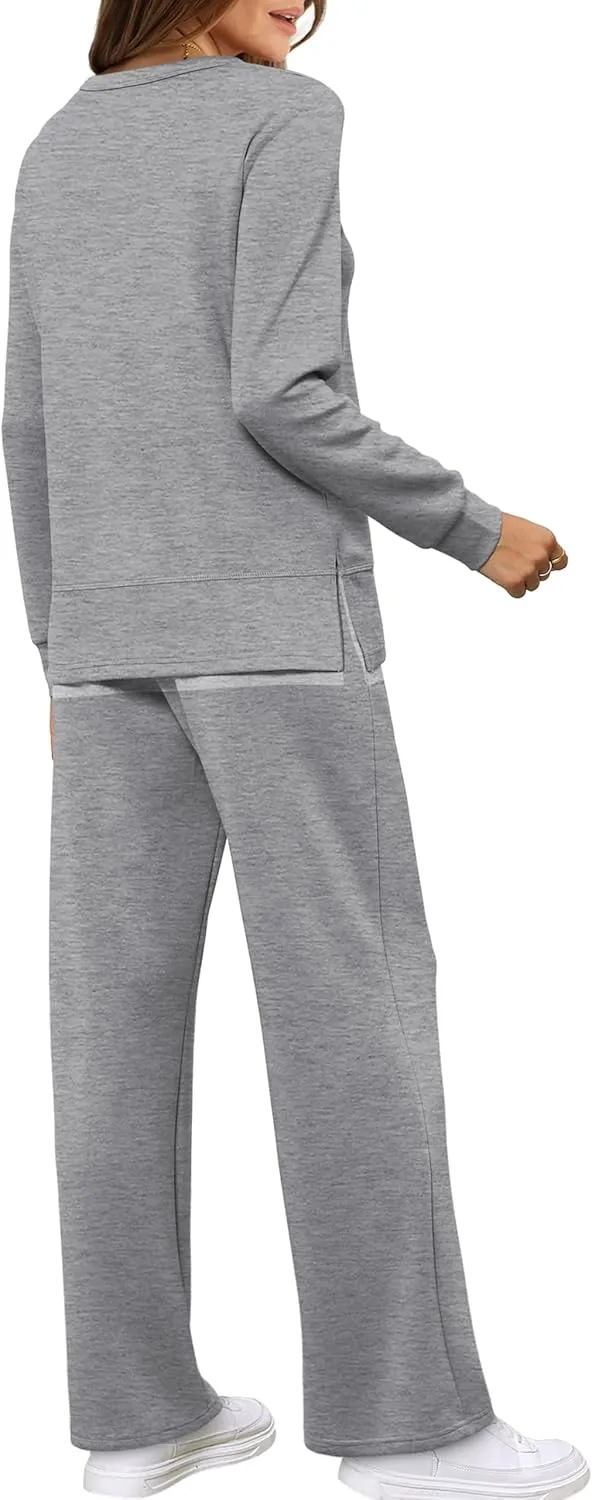 WIHOLL Women's 2 Piece Lounge Sets Sweatshirt Casual Travel Outfits Fashion Wide Leg Tracksuit Cozy Sweatsuits