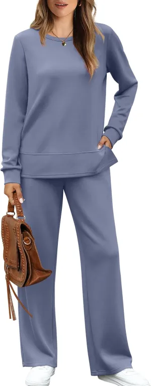 WIHOLL Women's 2 Piece Lounge Sets Sweatshirt Casual Travel Outfits Fashion Wide Leg Tracksuit Cozy Sweatsuits