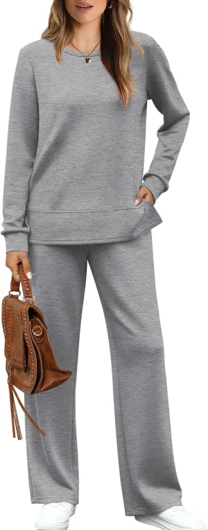 WIHOLL Women's 2 Piece Lounge Sets Sweatshirt Casual Travel Outfits Fashion Wide Leg Tracksuit Cozy Sweatsuits
