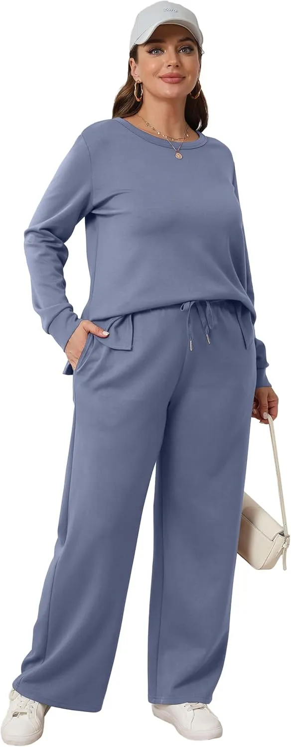 WIHOLL Women's 2 Piece Lounge Sets Sweatshirt Casual Travel Outfits Fashion Wide Leg Tracksuit Cozy Sweatsuits