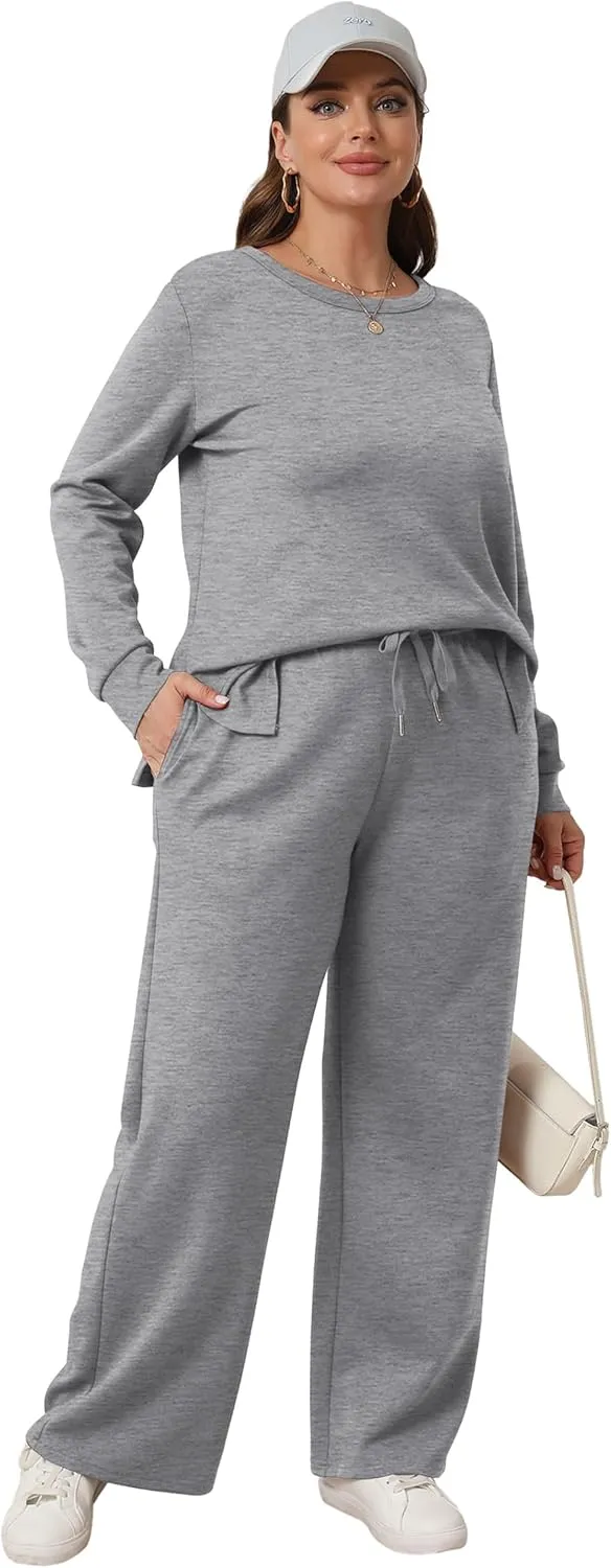 WIHOLL Women's 2 Piece Lounge Sets Sweatshirt Casual Travel Outfits Fashion Wide Leg Tracksuit Cozy Sweatsuits