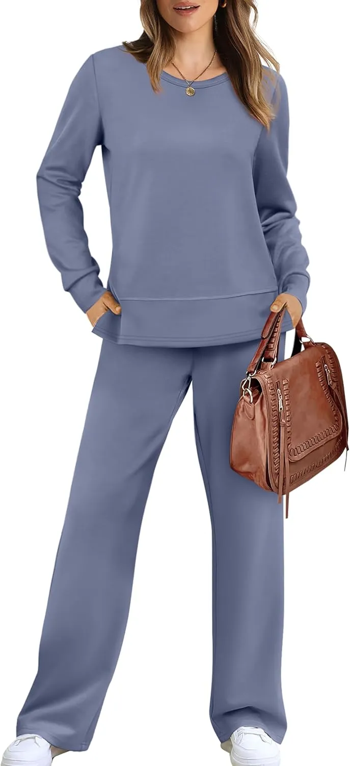 WIHOLL Women's 2 Piece Lounge Sets Sweatshirt Casual Travel Outfits Fashion Wide Leg Tracksuit Cozy Sweatsuits