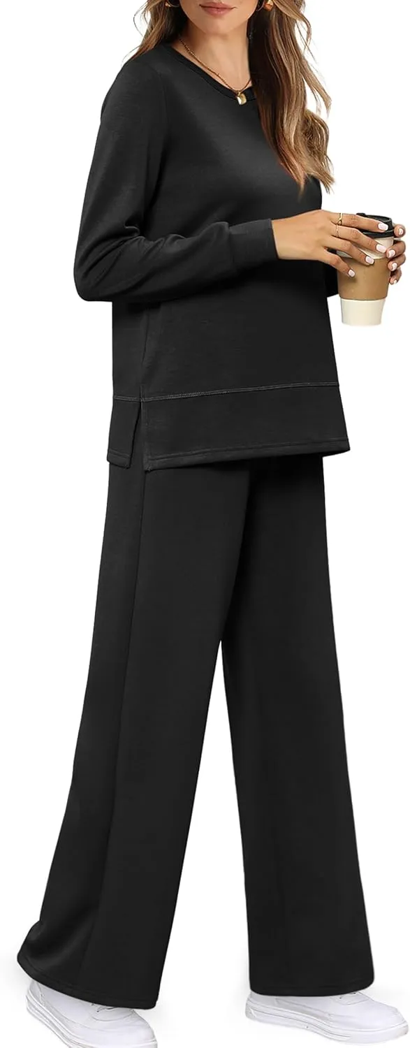 WIHOLL Women's 2 Piece Lounge Sets Sweatshirt Casual Travel Outfits Fashion Wide Leg Tracksuit Cozy Sweatsuits