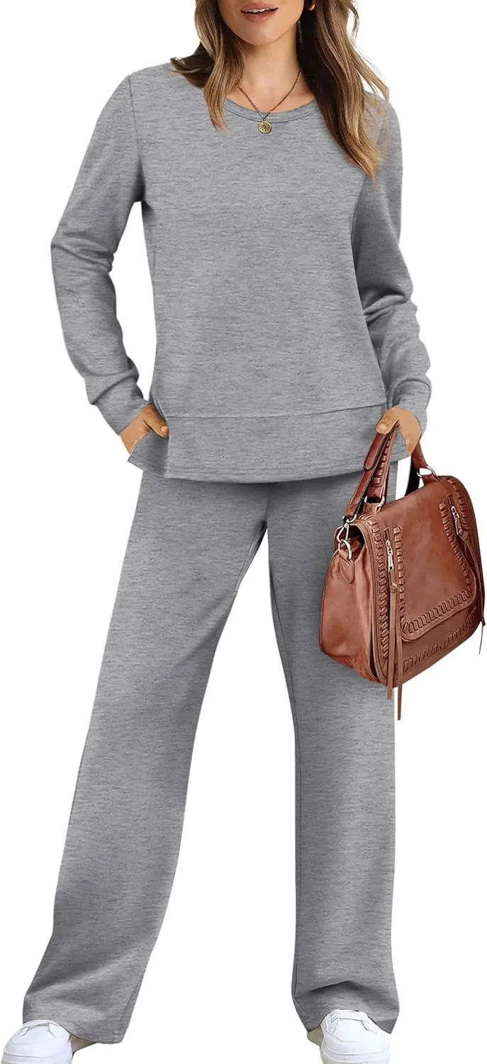 WIHOLL Women's 2 Piece Lounge Sets Sweatshirt Casual Travel Outfits Fashion Wide Leg Tracksuit Cozy Sweatsuits