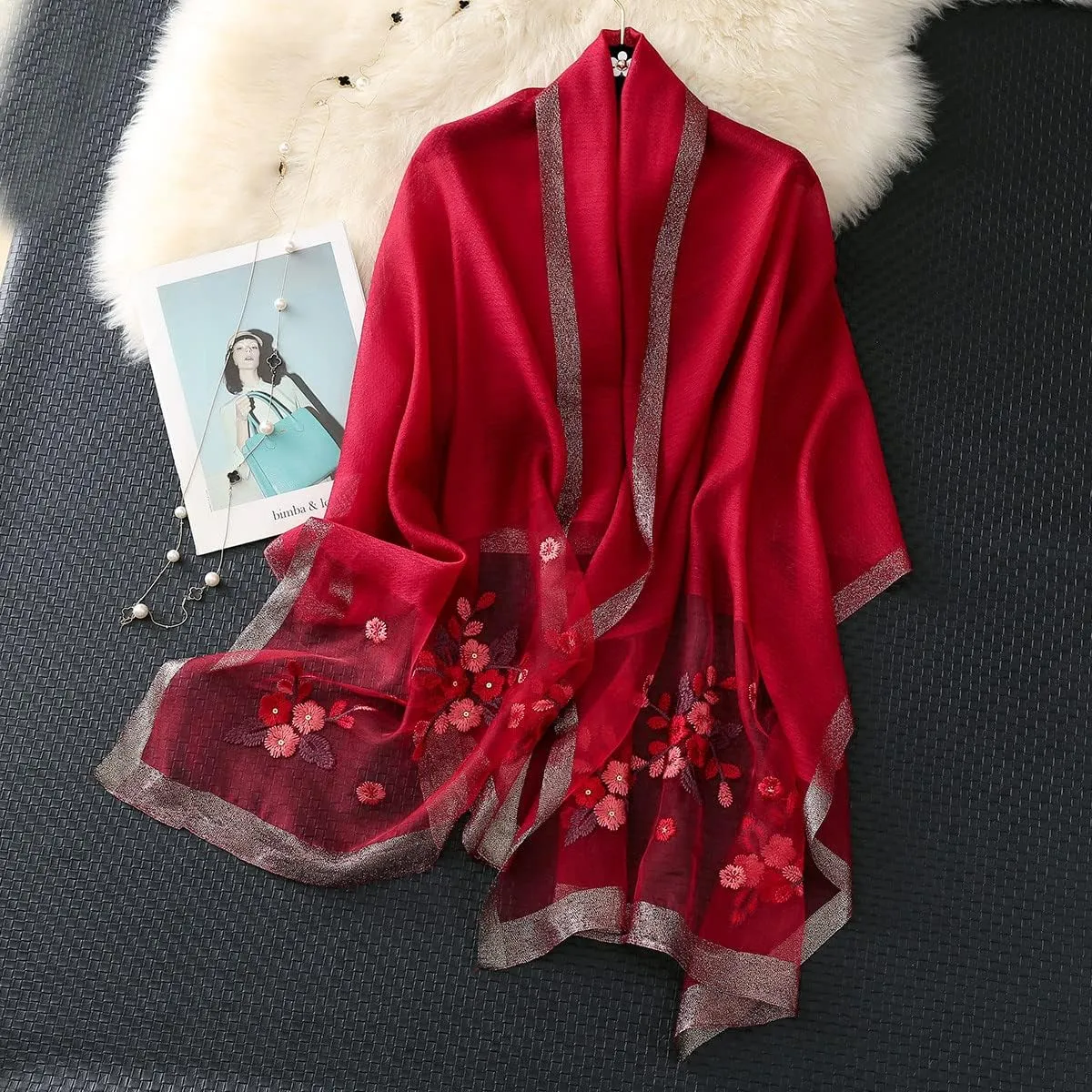 WINCESS.YU Silk Scarf for Women Lightweight Shawls and Wraps for Weddings Fashion Pashmina Shawl Embroidered Scarves