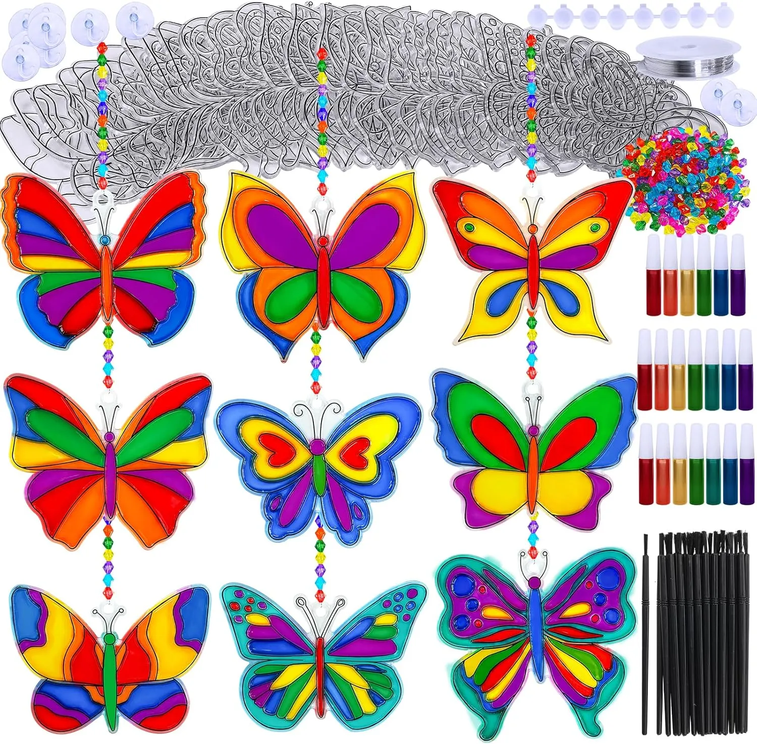 Winlyn 27 Sets Butterfly Suncatchers Ornaments Decorations DIY Window Paint Art Sun Catchers Butterfly Painting Craft Kits for Kids Classroom Spring Easter Party Activities Art Project