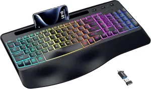 Wireless Keyboard with Wrist Rest, 2.4G Wireless Ergonomic Keyboard, 7-Color & 3 RGB Backlit Modes, Phone/Tablet Holder, Rechargeable Computer Keyboard for Windows, Mac, Computer, PC