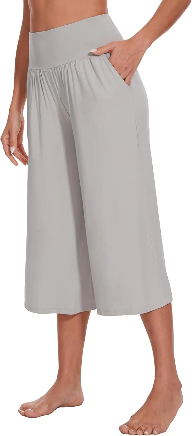 WiWi Women's Wide Leg Capri Pants Viscose from Bamboo Palazzo Lounge Bottoms with Pockets High Waist Pajama Bottom S-XXL