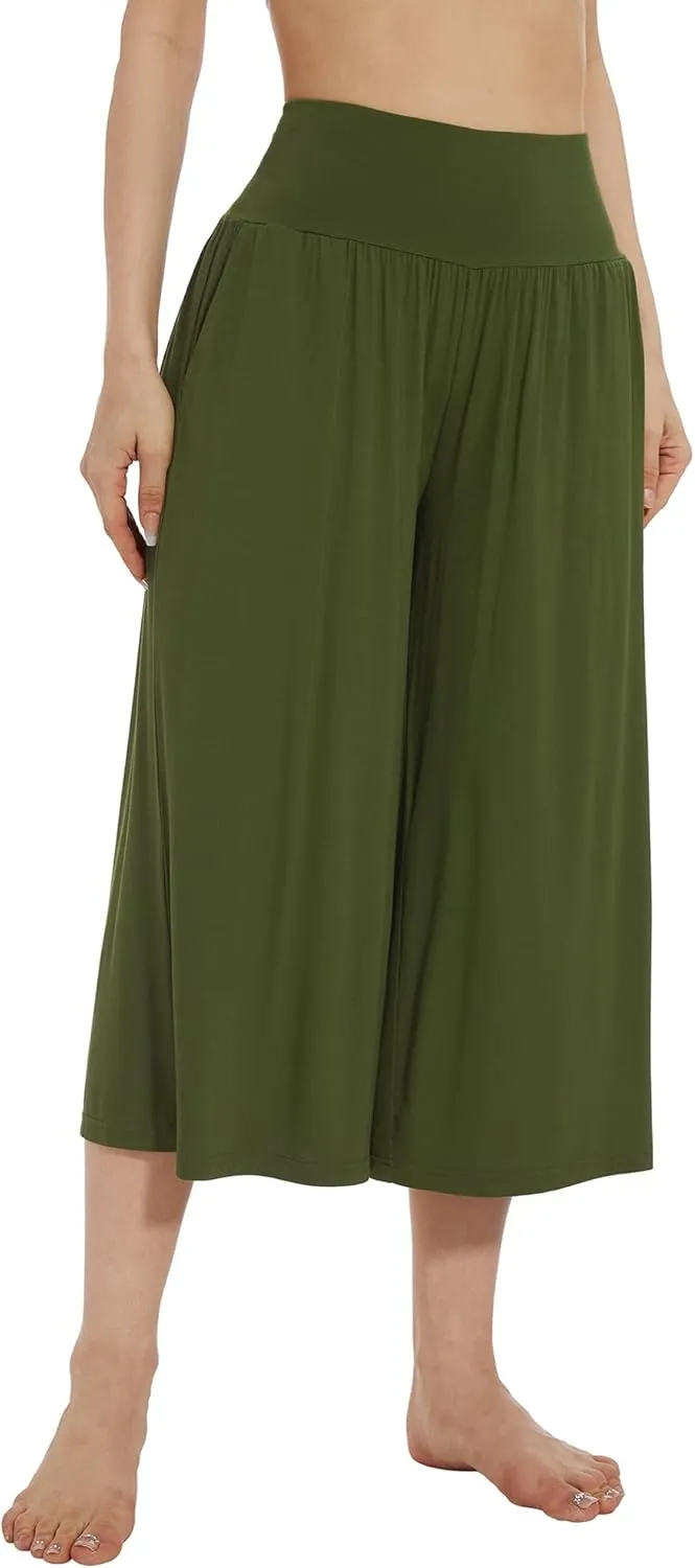 WiWi Women's Wide Leg Capri Pants Viscose from Bamboo Palazzo Lounge Bottoms with Pockets High Waist Pajama Bottom S-XXL