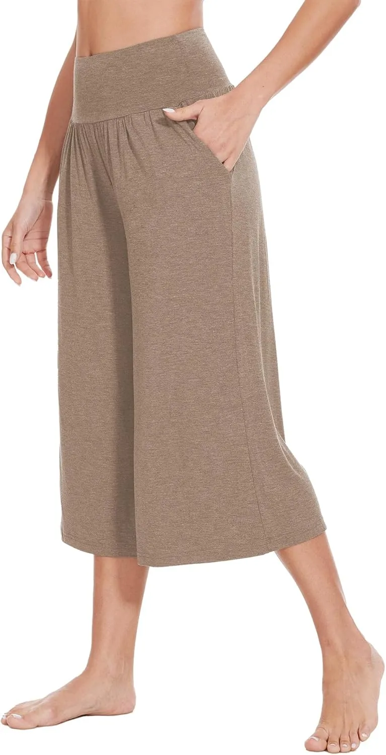 WiWi Women's Wide Leg Capri Pants Viscose from Bamboo Palazzo Lounge Bottoms with Pockets High Waist Pajama Bottom S-XXL