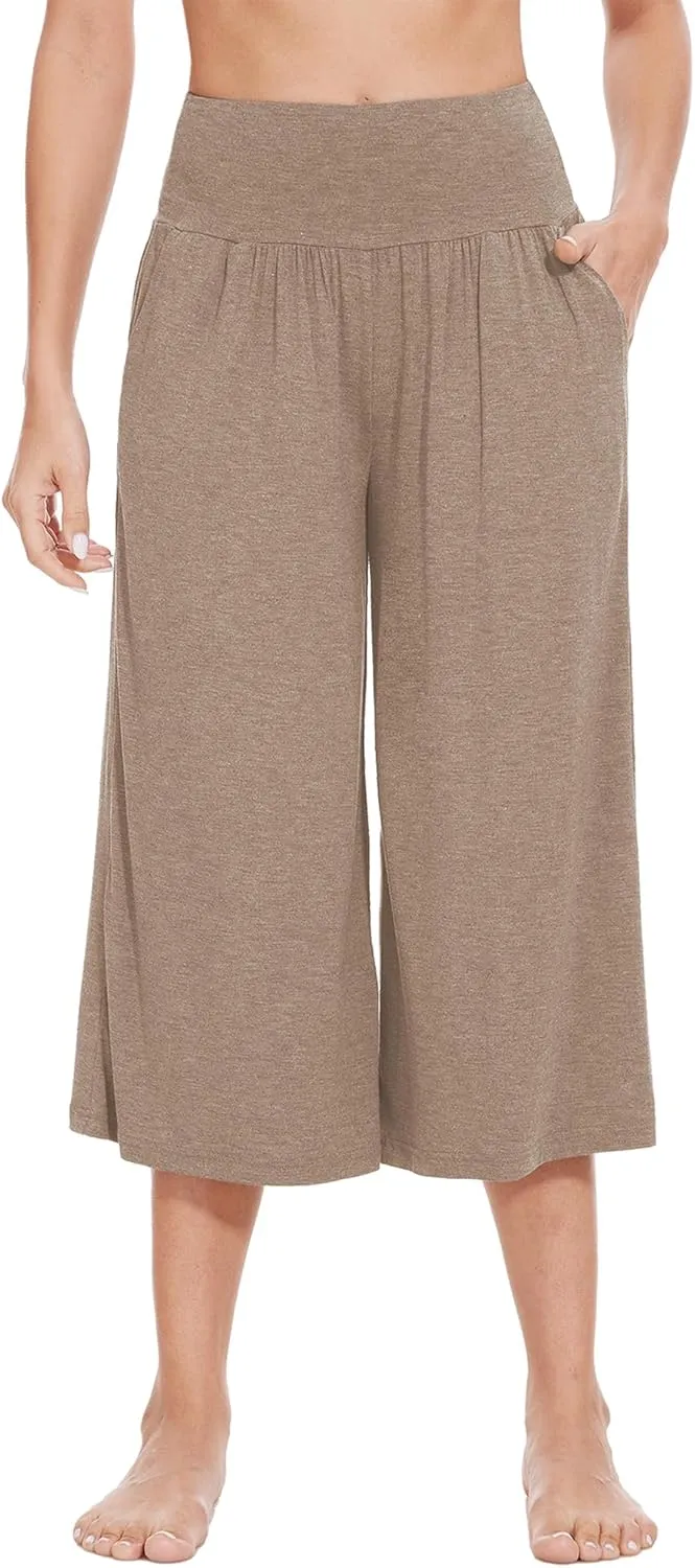WiWi Women's Wide Leg Capri Pants Viscose from Bamboo Palazzo Lounge Bottoms with Pockets High Waist Pajama Bottom S-XXL
