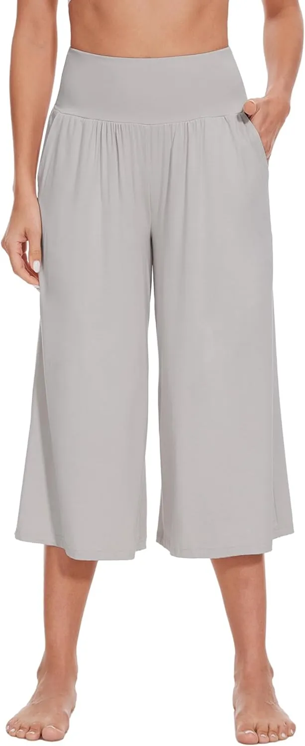 WiWi Women's Wide Leg Capri Pants Viscose from Bamboo Palazzo Lounge Bottoms with Pockets High Waist Pajama Bottom S-XXL