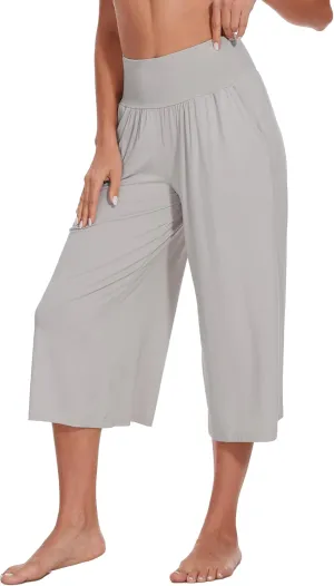 WiWi Women's Wide Leg Capri Pants Viscose from Bamboo Palazzo Lounge Bottoms with Pockets High Waist Pajama Bottom S-XXL