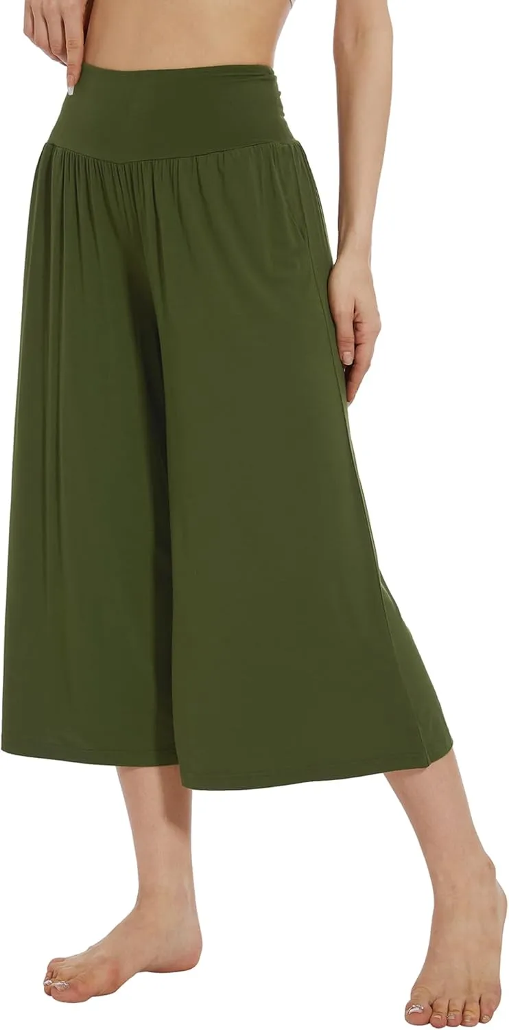 WiWi Women's Wide Leg Capri Pants Viscose from Bamboo Palazzo Lounge Bottoms with Pockets High Waist Pajama Bottom S-XXL