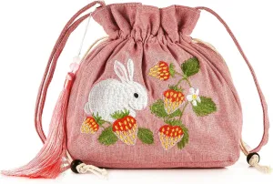 Women Chinese Hanfu Bag Floral Animal Embroidered Cloud Crossbody Drawstring Handbag Purse For Wedding Travel Daily