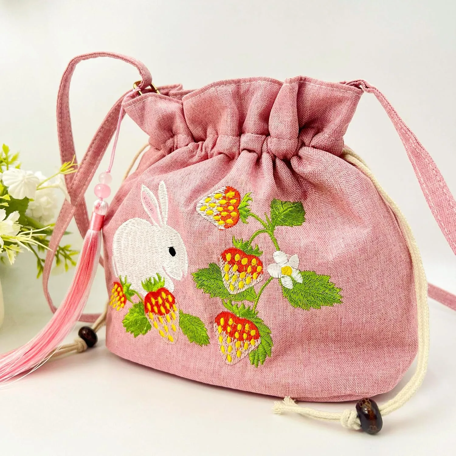 Women Chinese Hanfu Bag Floral Animal Embroidered Cloud Crossbody Drawstring Handbag Purse For Wedding Travel Daily